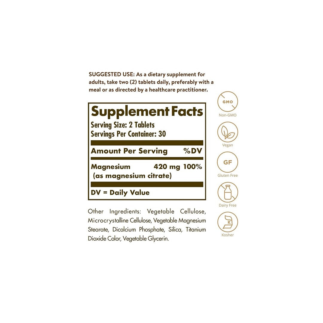 Une étiquette montrant les ingrédients du supplément Magnesium Citrate 420 mg 120 tabs de Solgar.
