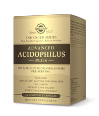 Vignette pour une boîte de Solgar's Advanced Acidophilus Plus 60 gélules végétales.