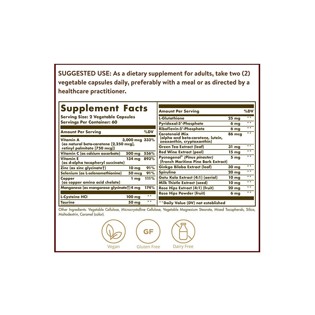 Une étiquette montrant les ingrédients du supplément Solgar's Advanced Antioxidant Formula 120 Vegetable Capsules.