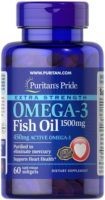 Puritan's Pride Extra Strength Omega-3 Fish Oil 1500 mg (450 mg Active Omega-3) 60 capsules molles à libération rapide.
