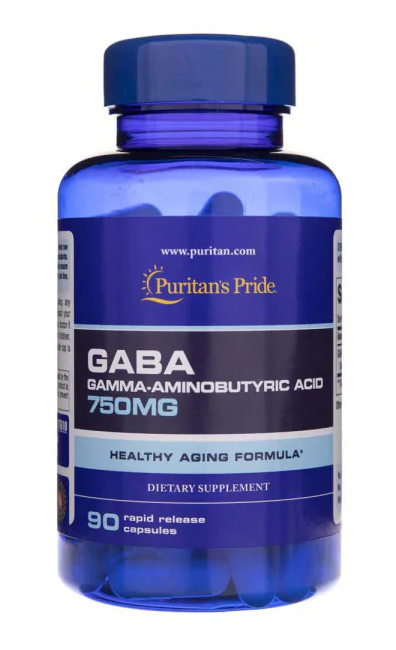 Une bouteille de Puritan's Pride GABA 750 mg 90 gélules supplément avec 750mg d'acide gamma linolénique.