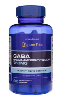 Vignette pour une bouteille de Puritan's Pride GABA 750 mg 90 gélules supplément avec 750mg d'acide gamma linolénique.
