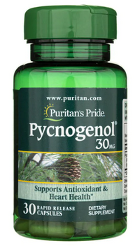 Vignette pour Puritan's Pride Pycnogenol 30 mg 30 gélules à libération rapide, dérivé de l'extrait de pin maritime français.