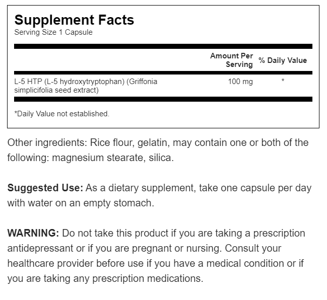 Une étiquette de Swanson's 5-HTP Extra Strength - 100 mg 60 capsules avec une liste d'ingrédients.