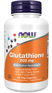 Vignette pour Now Foods Glutathione 500 mg 60 gélules végétales.