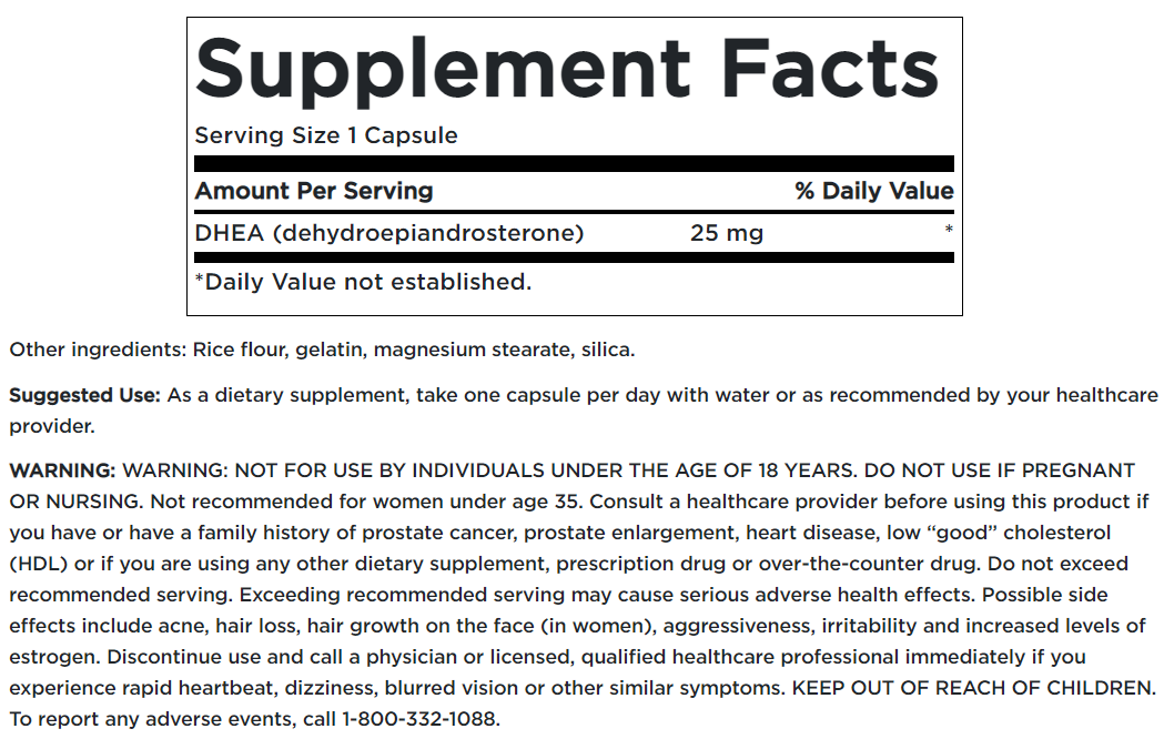 Une étiquette de supplément Swanson avec des informations sur la DHEA - High Potency - 25 mg 120 gélules.