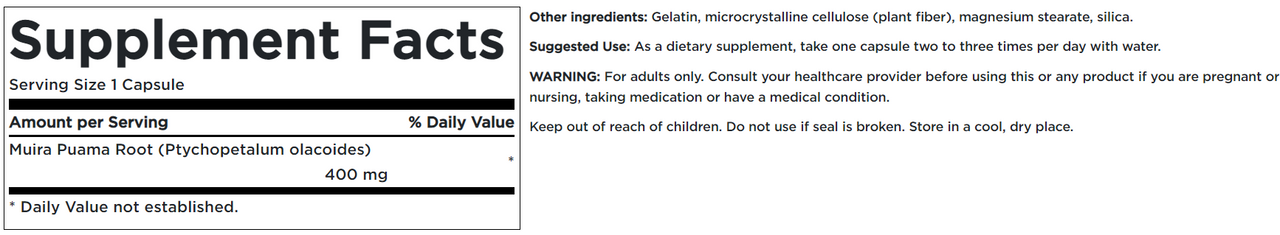 L'étiquette d'un complément alimentaire Swanson Full Spectrum Muira Puama - 400 mg 90 gélules.