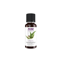 Vignette d'un flacon d'huile d'eucalyptus de 30 ml par Now Foods sur fond blanc.