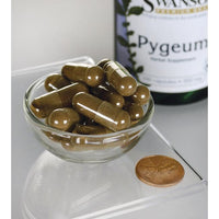 Vignette de Swanson Pygeum - 500 mg 100 gélules dans un bol à côté d'une bouteille de Swanson Pygeum pour la santé de la prostate.