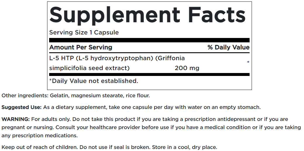 Étiquette du supplément 5-HTP Maximum Strength 200 mg 60 Capsules de Swanson.
