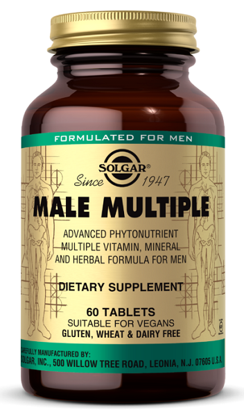 Une bouteille de Solgar Male Multiple Multivitamins & Minerals for Men 60 Tablets.