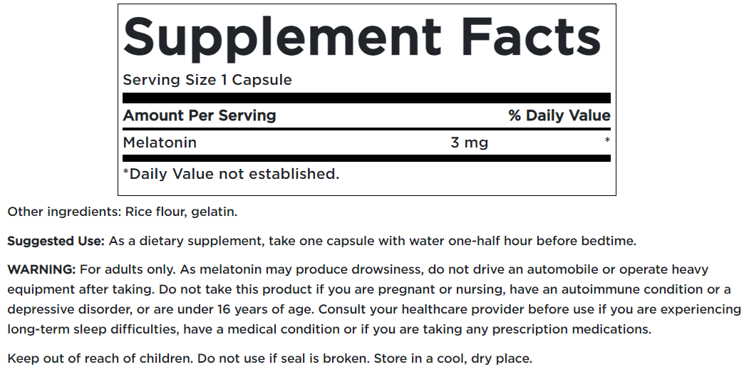 Une étiquette pour Swanson Melatonin - 3 mg 120 capsules supplément.