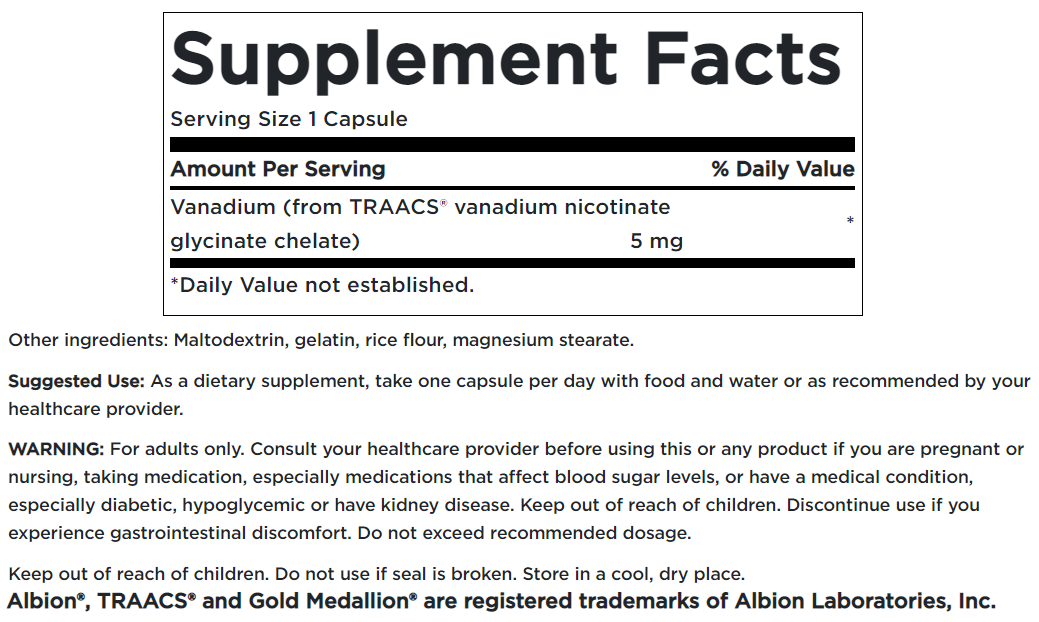 Une étiquette pour Swanson Albion Vanadium Chelated - 5 mg 60 capsules supplément.