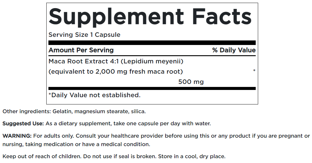 Une étiquette pour Swanson's Maca - 500 mg 60 capsules supplément.
