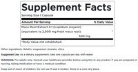 Vignette de l'étiquette du complément alimentaire Swanson's Maca - 500 mg 60 gélules.